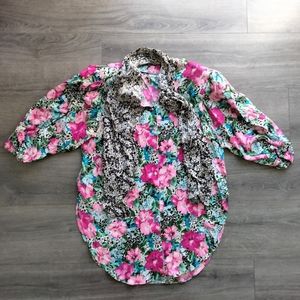 Vintage 80s Diane Freis Button Down Floral Tunic Size S/M Vibrant Colors Pink